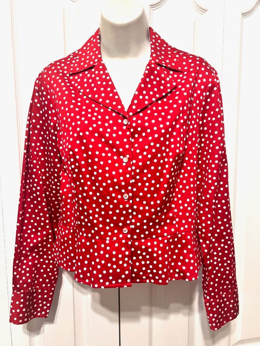 Jones New York-Red/White Polka Dots Pearl Buttons Long Sleeve-PL-(cropped) Casua